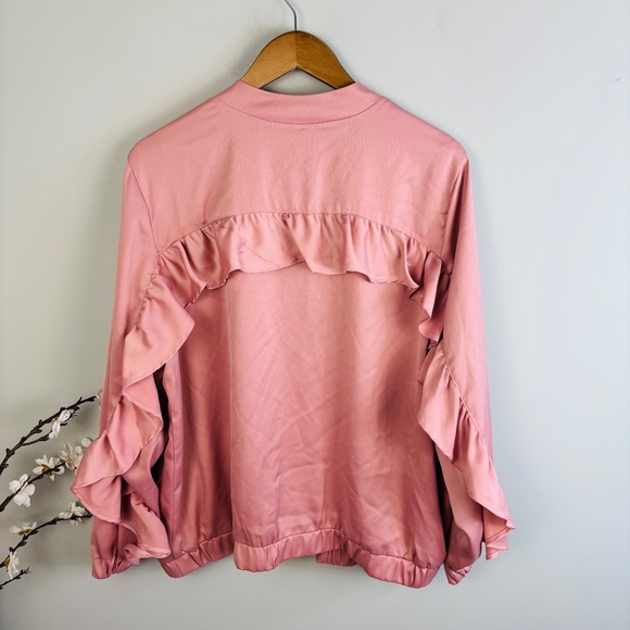 Roman's Pink Satin Ruffle Bomber Jacket Size 18/20 - Picture 3 of 3